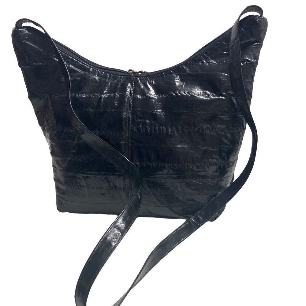 SUNCO EEL Skin Black Handbag Crossbody Large 9.5X4X11‎